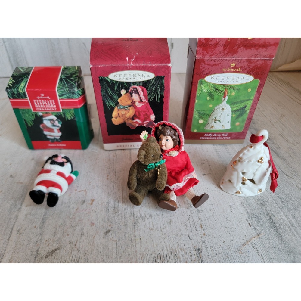 Hallmark variety Santa‎ Claus girl doll Holly berry bell ornament Xmas set